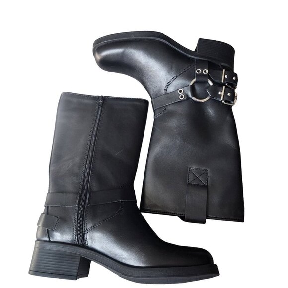 Black and Silver Mid-Calf Moto Boots with Harness Strap - Picture 6 of 16